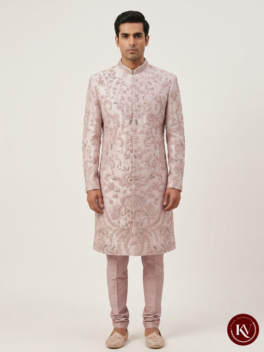 Blush Pink Intricately Embroidered Silk Sherwani with Silver Accents - SWS11