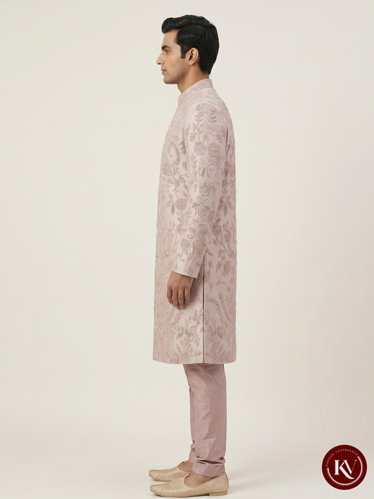 Blush Pink Intricately Embroidered Silk Sherwani with Silver Accents - SWS11