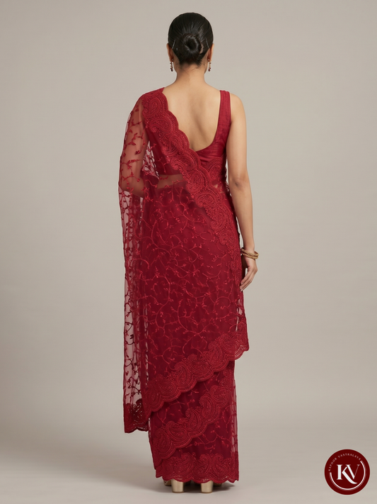 Crimson Red Net Saree with Tone-on-Tone Cutwork Paisley Border -SB010