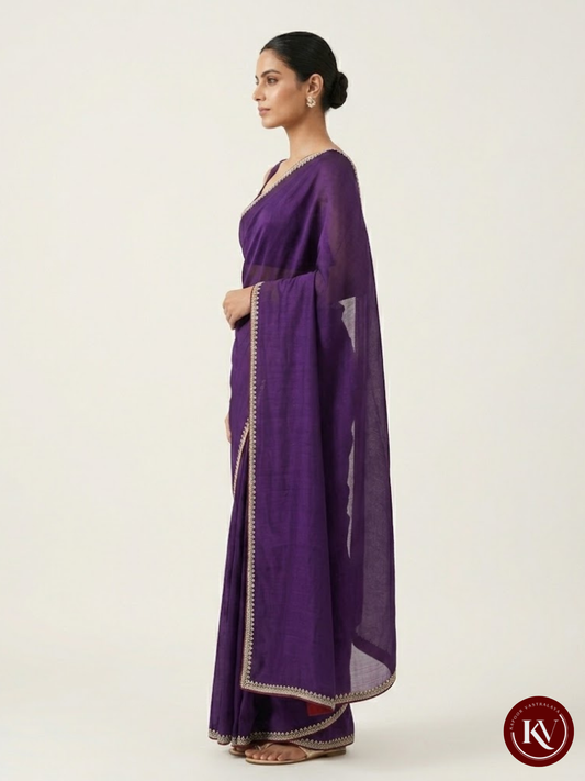 Royal Purple Silk Organza Saree with Delicate Pearl and Zari Border - SKV144