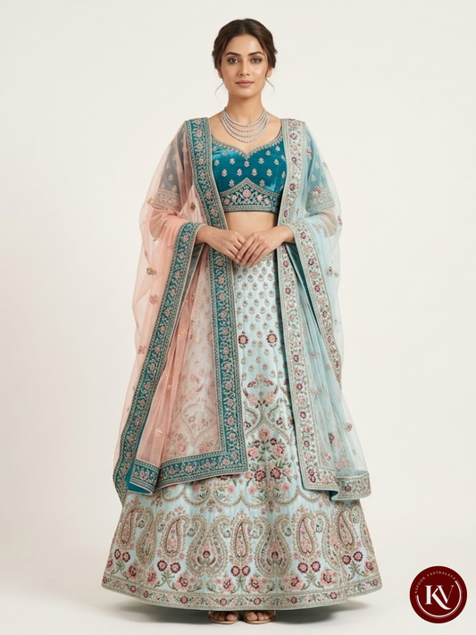 Teal Velvet and Turquoise Silk Embroidered Bridal Lehenga Choli -UL4887VDR
