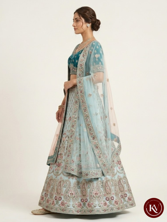 Teal Velvet and Turquoise Silk Embroidered Bridal Lehenga Choli -UL4887VDR