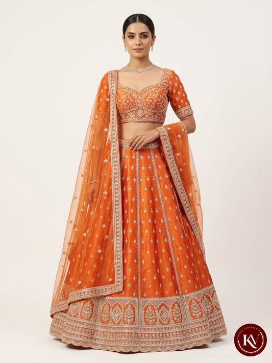 Rust Orange Silk Zari Embroidered Festive Lehenga Set- SKT19