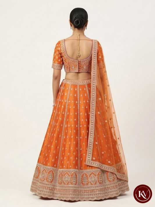 Rust Orange Silk Zari Embroidered Festive Lehenga Set- SKT19