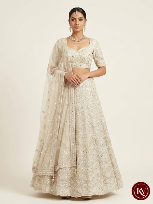Cream Georgette Heavily Sequinned Chikankari Lehenga Set - ULB2219