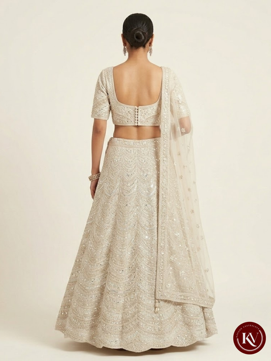 Cream Georgette Heavily Sequinned Chikankari Lehenga Set - ULB2219
