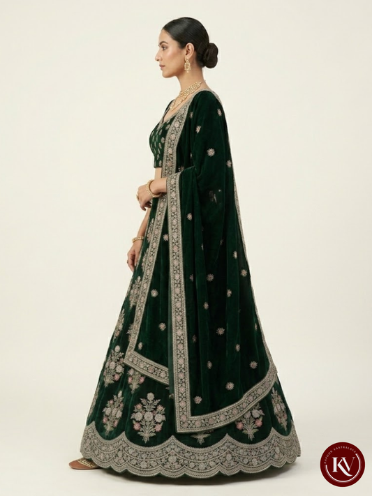 Emerald Green Silk Floral Embroidered Lehenga Set- SKT20
