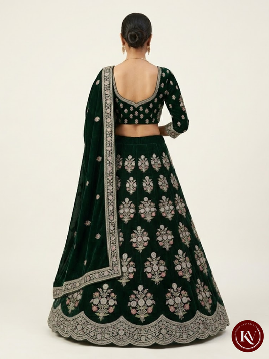 Emerald Green Silk Floral Embroidered Lehenga Set- SKT20