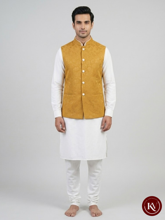 Mustard Yellow Silk Self-Design Nehru Jacket -  JACKET243