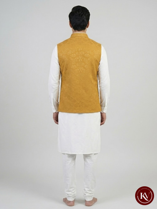 Mustard Yellow Silk Self-Design Nehru Jacket -  JACKET243