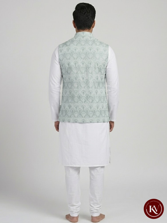 Dove Grey Silk Scalloped Embroidered Nehru Jacket - JACKET94