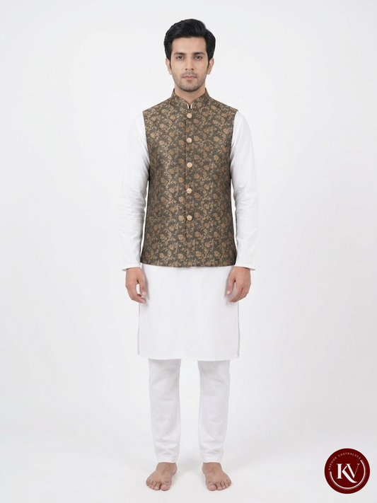 Tea Green and Antique Gold Banarasi Silk Floral Nehru Jacket - JACKET240