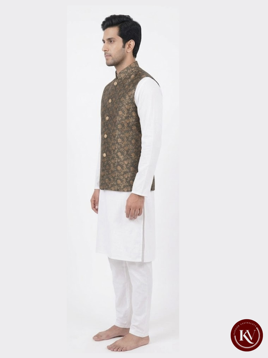 Tea Green and Antique Gold Banarasi Silk Floral Nehru Jacket - JACKET240
