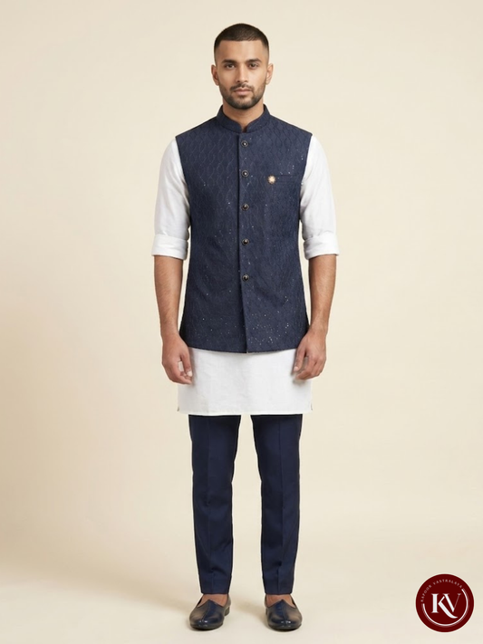 Deep Navy Blue Silk-Blend Bundi with Wavy Leaf Threadwork - JACKET109