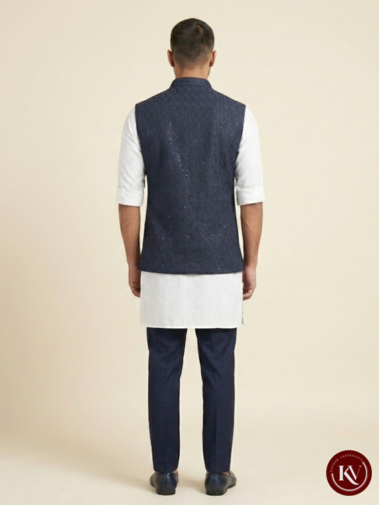 Deep Navy Blue Silk-Blend Bundi with Wavy Leaf Threadwork - JACKET109