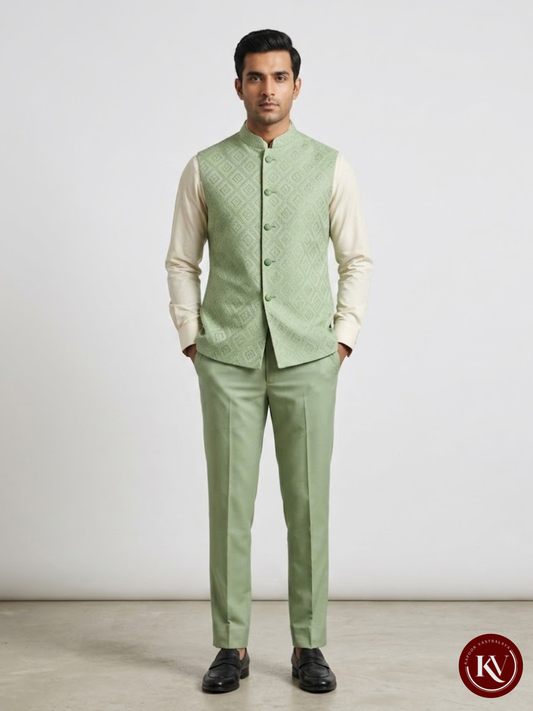 Pastel Pista Green Geometrically Embroidered Nehru Jacket - JKV44