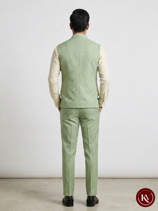 Pastel Pista Green Geometrically Embroidered Nehru Jacket - JKV44