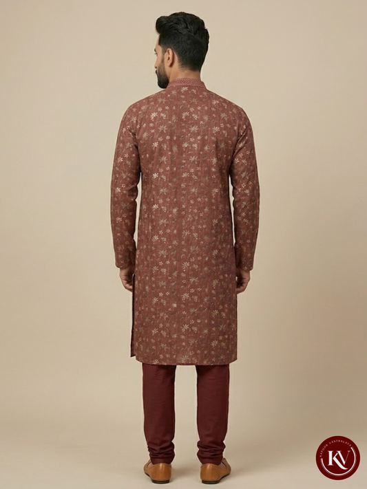Maroon Floral Digital Print Silk Kurta with Embroidered Neckline - KKV248