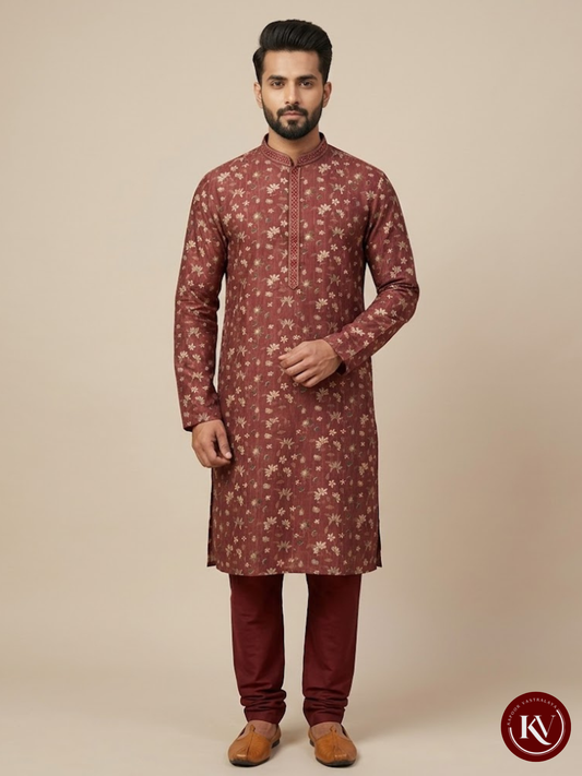 Maroon Floral Digital Print Silk Kurta with Embroidered Neckline - KKV248