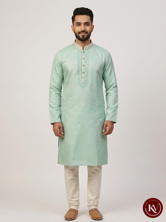 Mint Green Self-Weaved Silk Kurta with Embroidered Placket - KKV247
