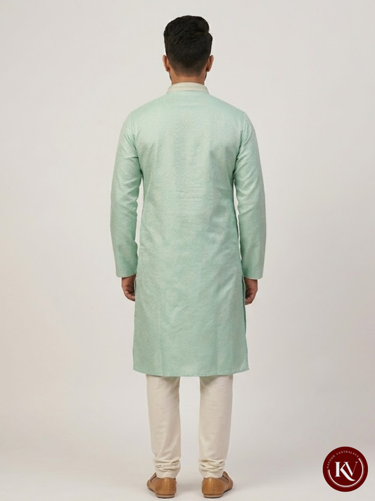 Mint Green Self-Weaved Silk Kurta with Embroidered Placket - KKV247