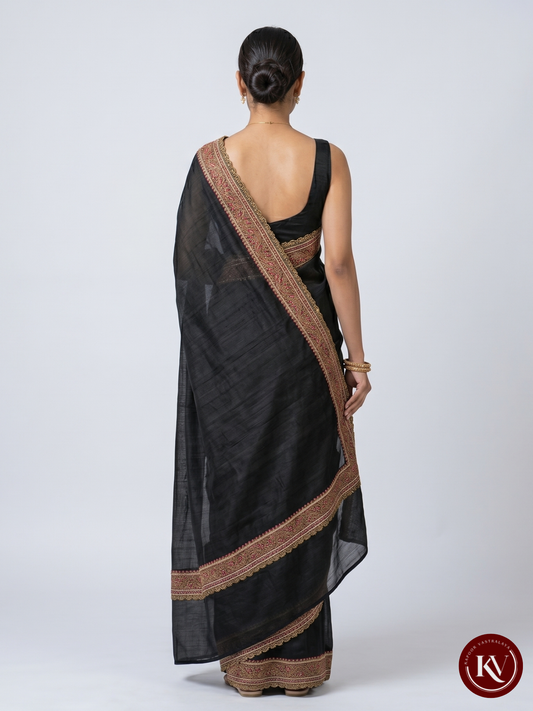 Midnight Black Silk Saree with Multicolor Hand-Embroidered Scallop Border - SKV148