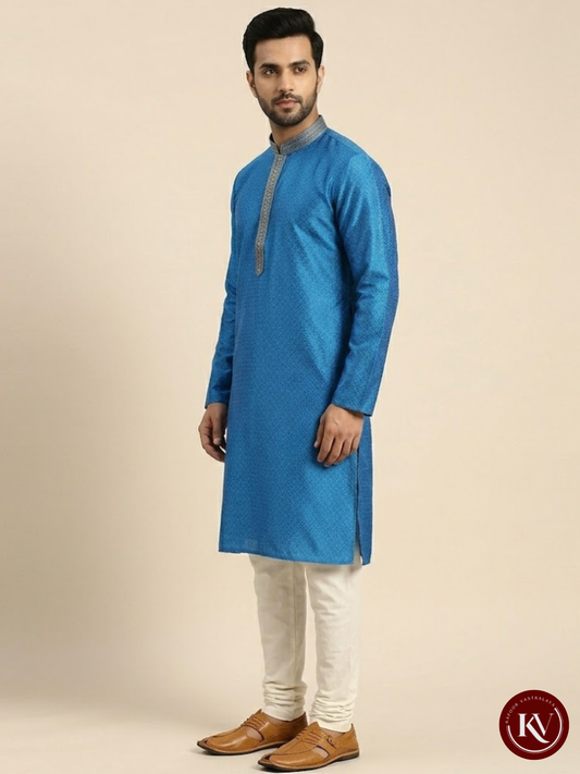 Royal Blue Self-Weaved Silk Kurta Set with Zari Embroidered Placket - KKV142