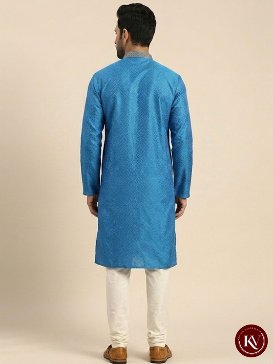 Royal Blue Self-Weaved Silk Kurta Set with Zari Embroidered Placket - KKV142