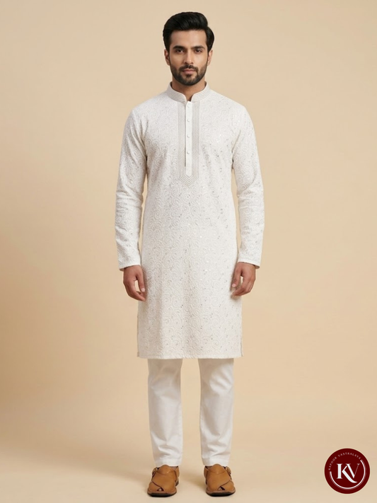 Pristine White Chikankari Embroidered Georgette Kurta with Sequins - KKV78
