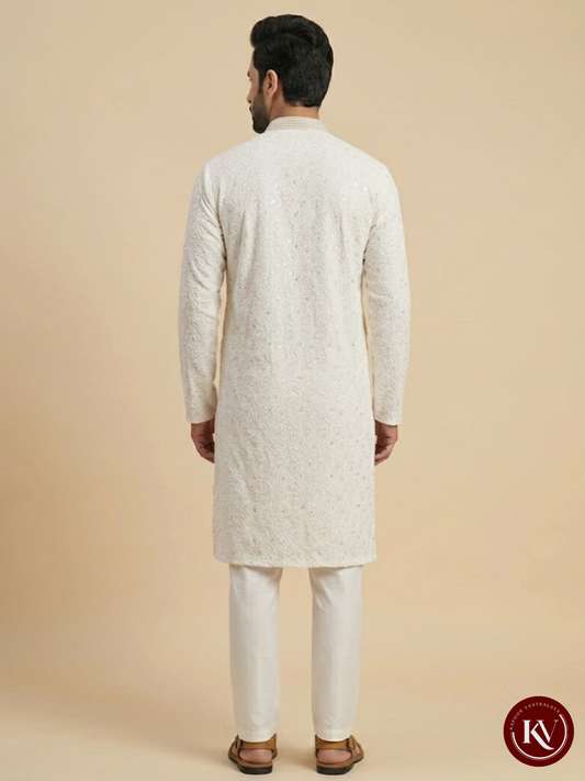 Pristine White Chikankari Embroidered Georgette Kurta with Sequins - KKV78