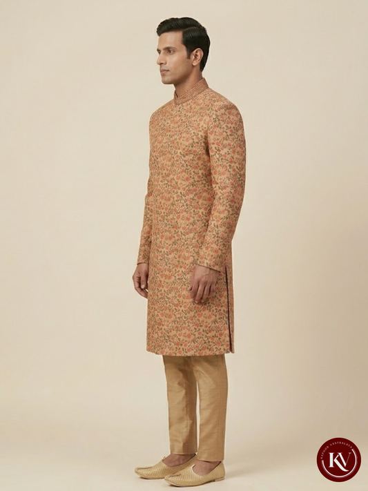 Fawn Brocade Indo-Western Sherwani Set with Asymmetric Peach Floral Weave - ODES802