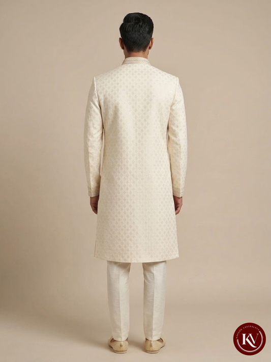 Warm White Chikankari Georgette Sherwani Set with Subtle Sequins - ODSE1099