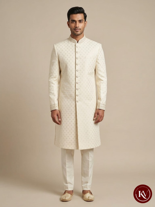 Warm White Chikankari Georgette Sherwani Set with Subtle Sequins - ODSE1099