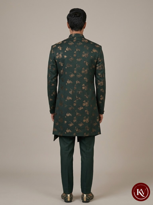 Bottle Green Brocade Indo-Western Sherwani Set with Antique Gold Florals - CPIW525