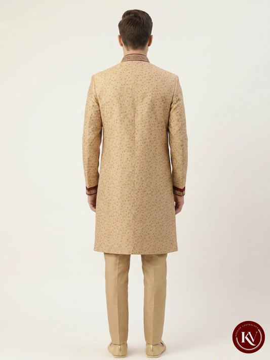Fawn Embroidered Silk Sherwani Set with Velvet Piping and Zari Borders - ODES911