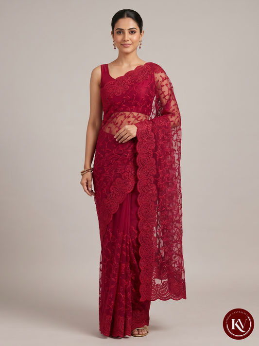 Crimson Red Net Saree with Tone-on-Tone Cutwork Paisley Border -SB010